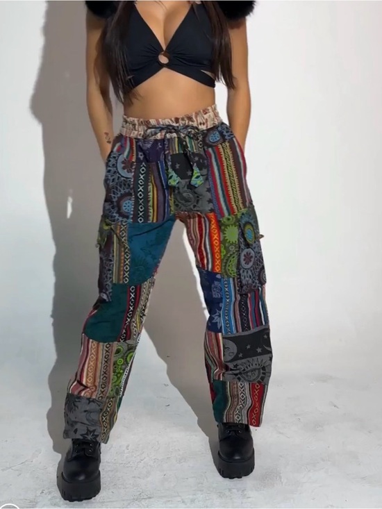 Rising International Pants - Rising International Patchwork Cargo Pants in Green, Blue, Red, Tan
